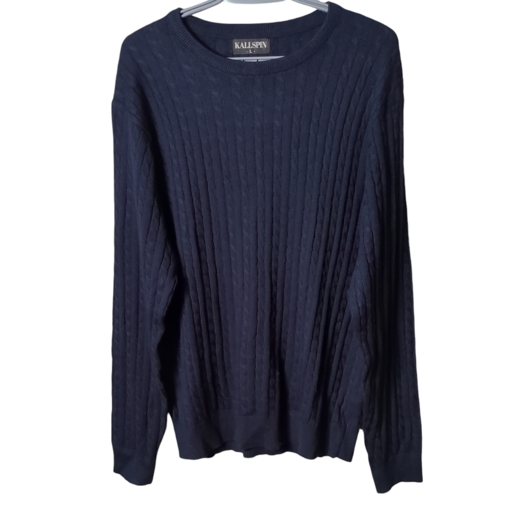 Kallspin Navy Knit Cashmere Wool Blend‎ Classic Crew Neck Sweater Size Large